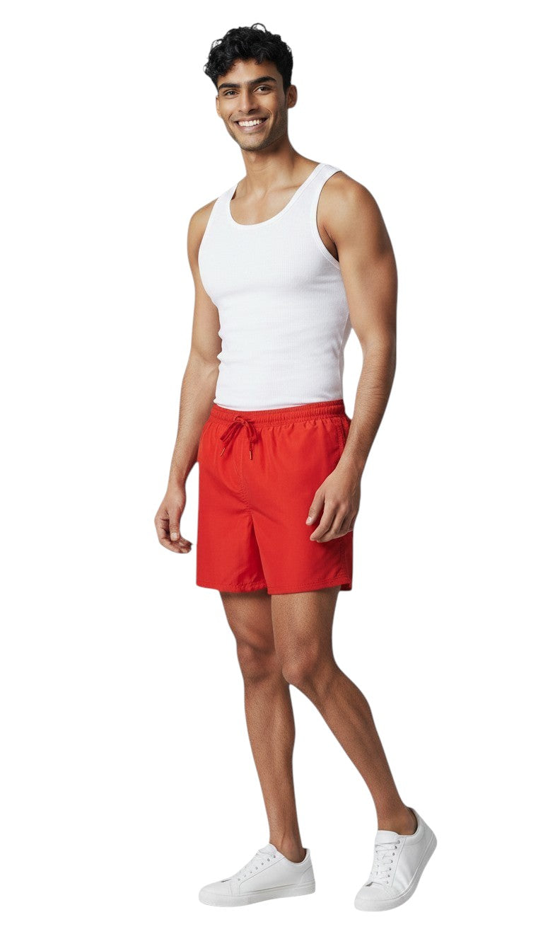The Lifeguard Store red polyester lifeguard shorts with liner, elastic waistband, drawstring, and 5" inseam.