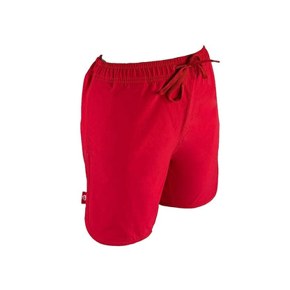 The Lifeguard Store red polyester lifeguard shorts with liner, elastic waistband, drawstring, and 5" inseam.