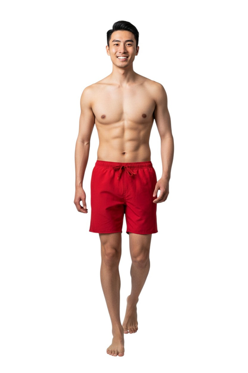 The Lifeguard Store Men's red 5" swim shorts with elastic waistband, drawstring, and side pockets. Quick-dry, 4-way stretch fabric with UPF50+ UV protection.
