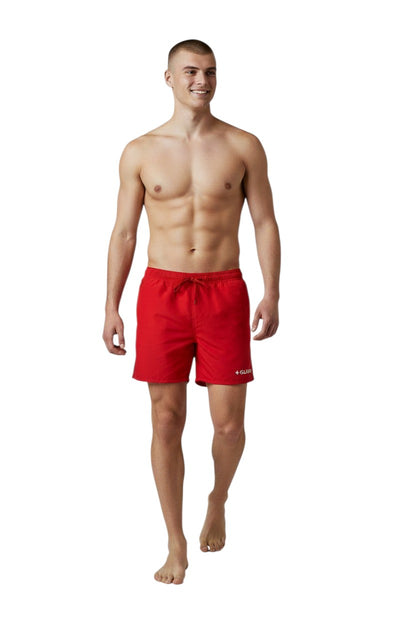 The Lifeguard Store Men's red 5" Guard swim shorts with elastic waistband and drawstring, quick-dry fabric.