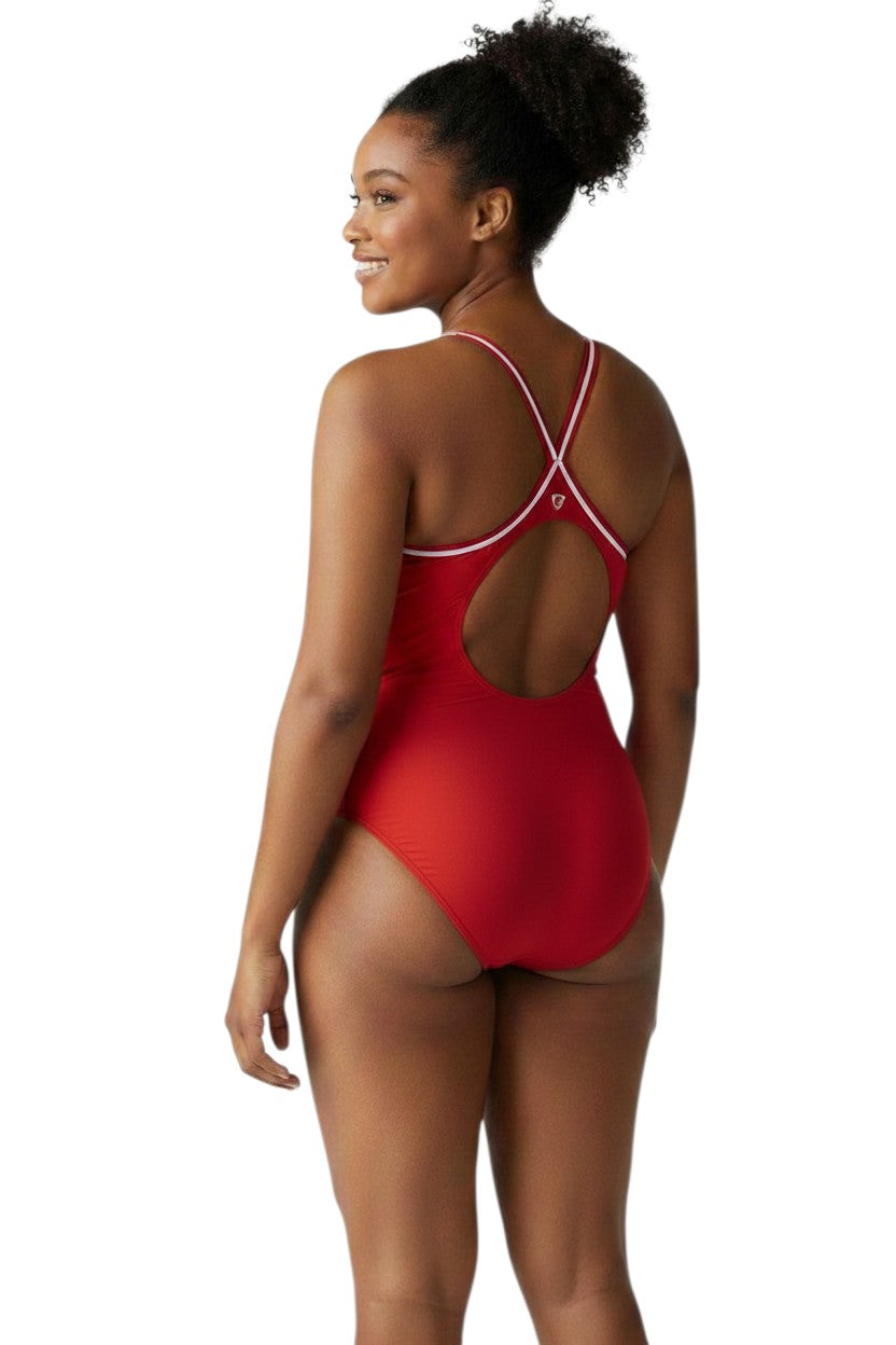 The Lifeguard Store red and navy blue reversible H-back swimsuit with white trim. Made of poly-spandex blend.