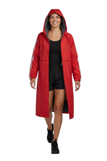 The Lifeguard Store red nylon parka with fleece lining, white sleeve stripes, and hood. Ideal for cool weather.