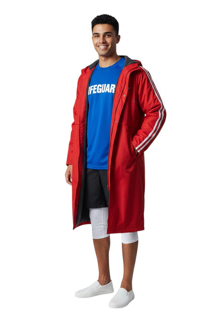 The Lifeguard Store RISE Guard Splice Parka in red nylon with fleece lining and white stripes on sleeves.