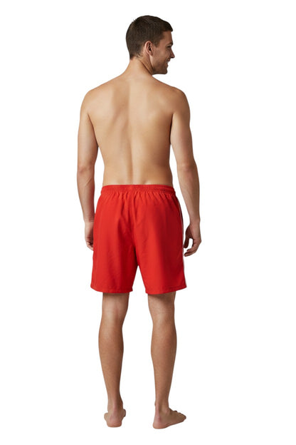 The Lifeguard Store red nylon trunks with white side piping and elastic waistband. 5" inseam.