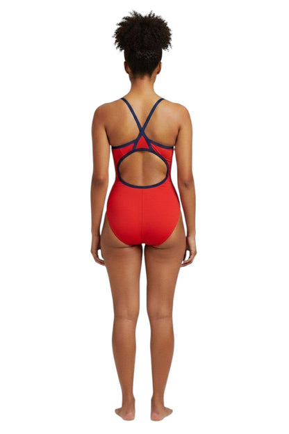 The Lifeguard Store RISE Solid Poly Color Trim H-Back one-piece swimsuit in red with white and navy trim.