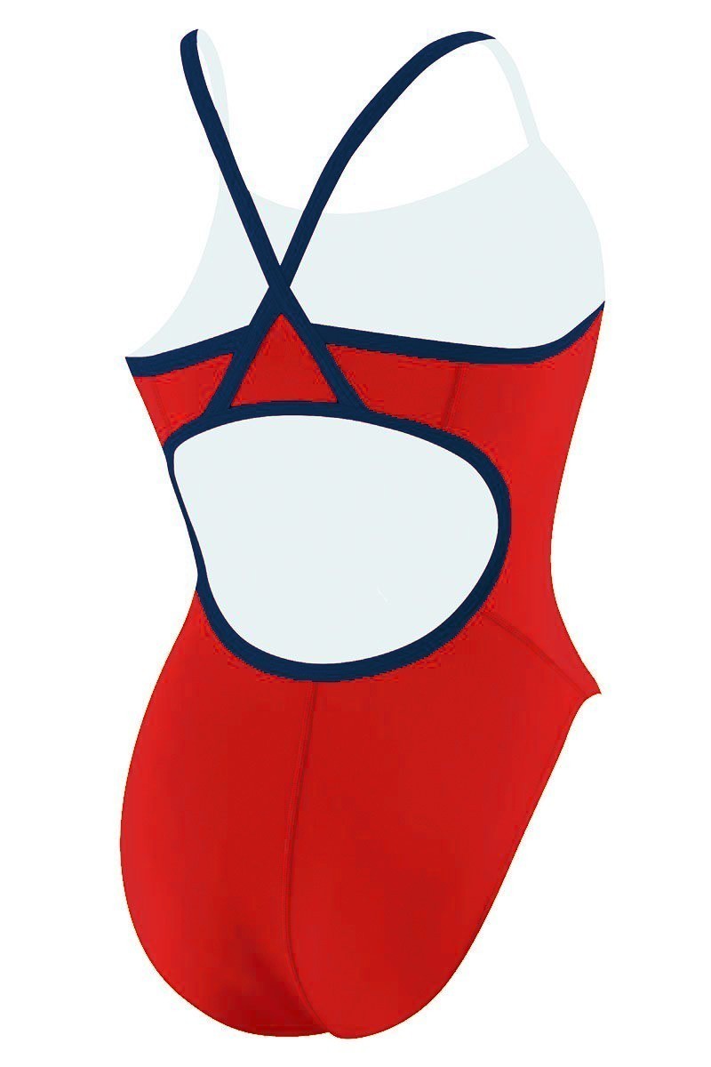 The Lifeguard Store RISE Solid Poly Color Trim H-Back One Piece Swimsuit in red with white and navy trim. Features H-back straps and a cutout.