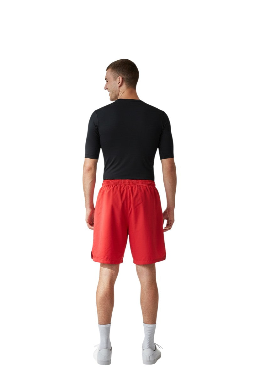 The Lifeguard Store red polyester board shorts with elastic waistband and drawstring, 7" inseam.