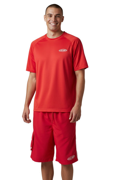 The Lifeguard Store red polyester board shorts with elastic waistband, drawstring, and side velcro pocket. Features 7" inseam and Guard logo.