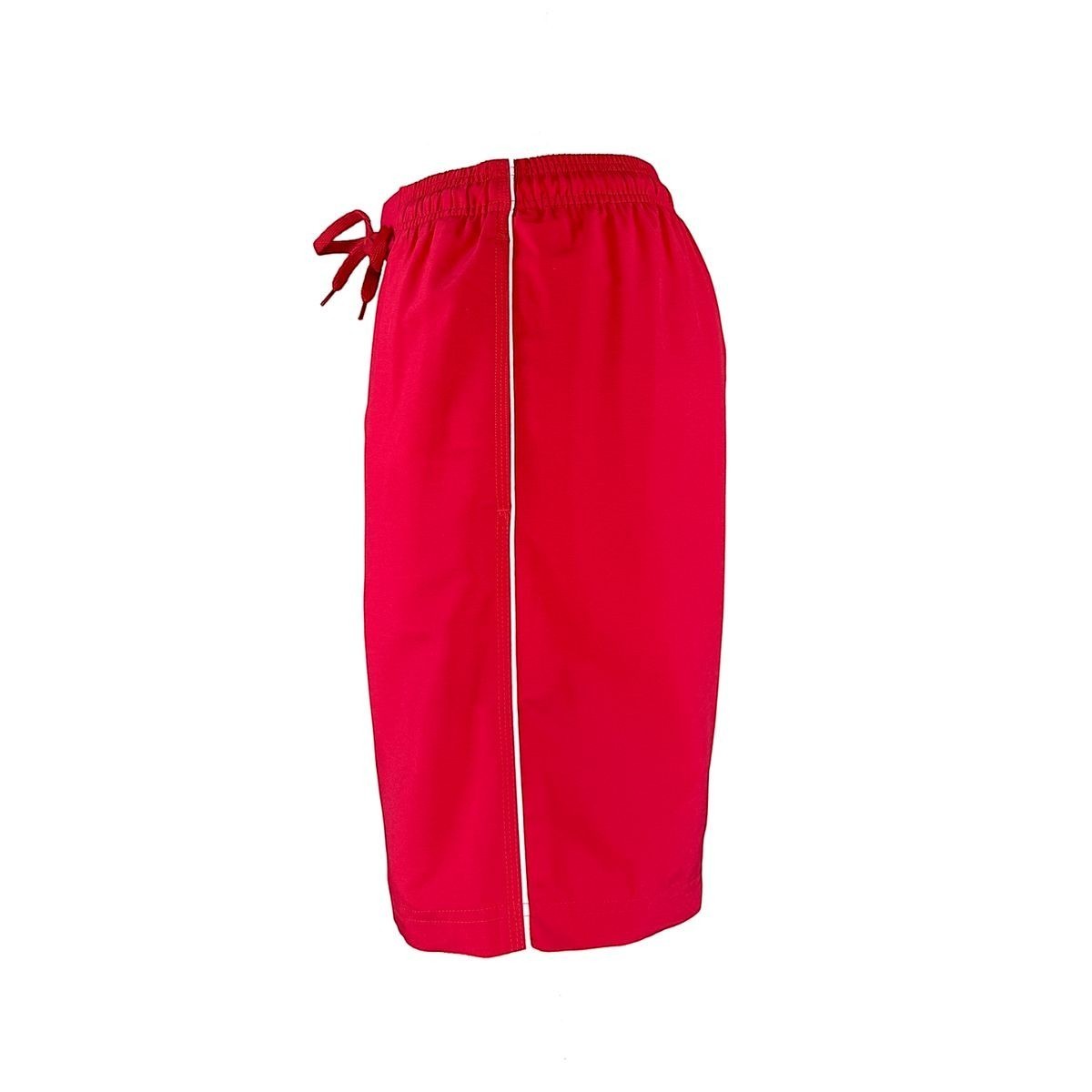 The Lifeguard Store red polyester board shorts with white piping detail and drawstring waist. 7" inseam.