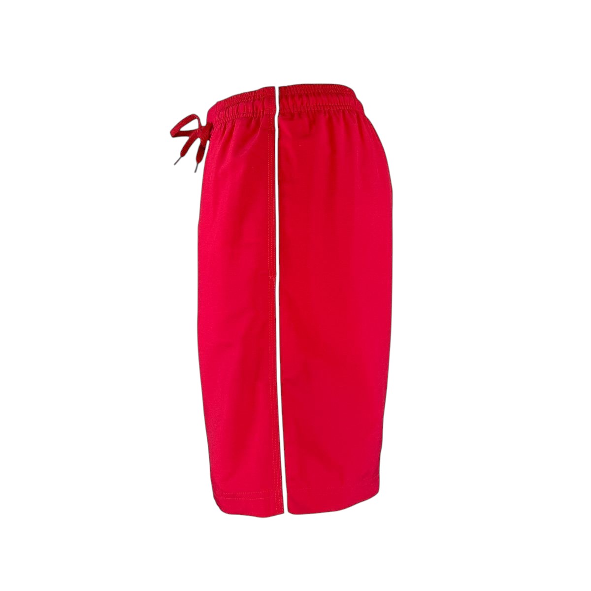 The Lifeguard Store red polyester board shorts with white piping detail and drawstring waist. 7" inseam.