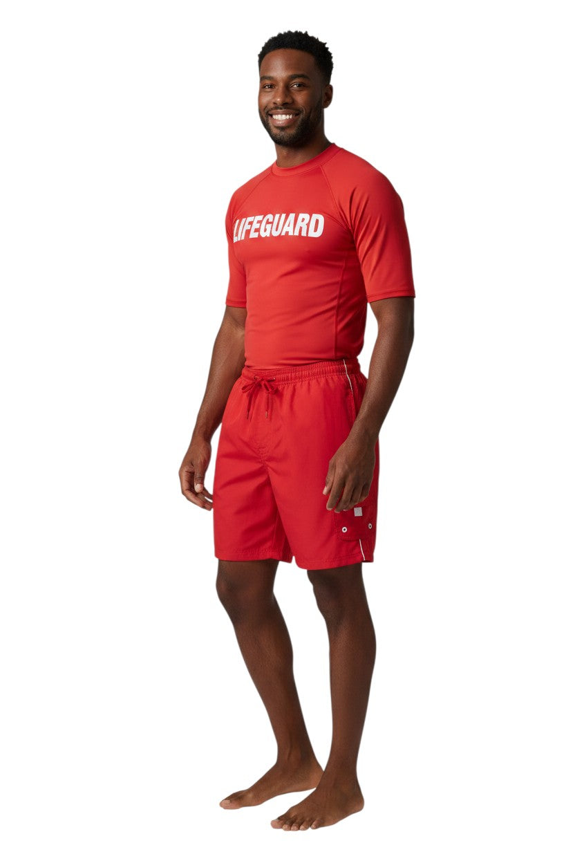 The Lifeguard Store red polyester board shorts with white trim, elastic waistband, drawstring, and velcro pocket.