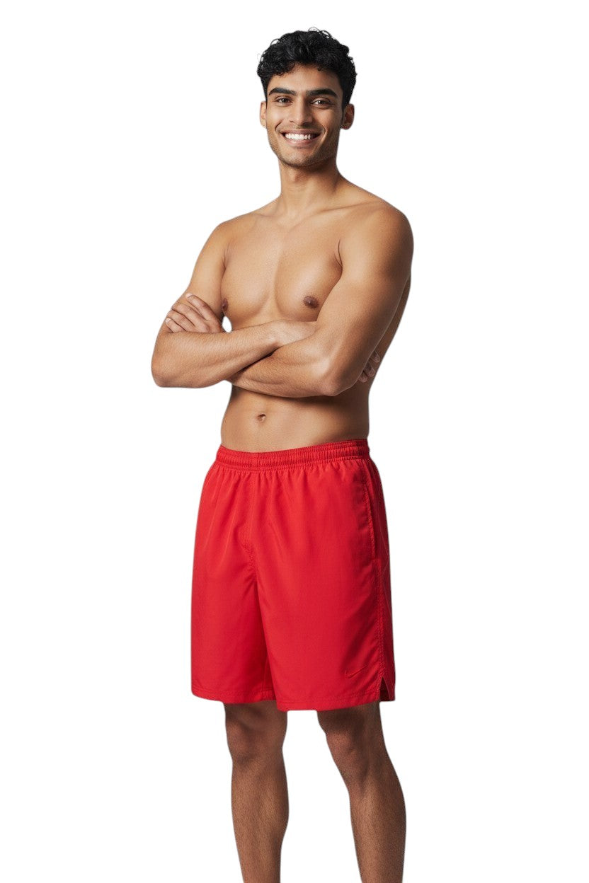 The Lifeguard Store red polyester board shorts with elastic waistband and drawstring. Quick-dry fabric with UPF30+ protection.
