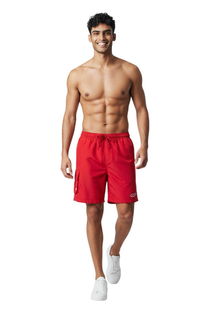 The Lifeguard Store red polyester board shorts with elastic waistband, drawstring, cargo pocket, and manager logo.