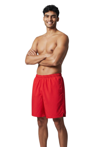 The Lifeguard Store red polyester board shorts with elastic waistband and drawstring. Quick-dry fabric with UPF30+ protection.