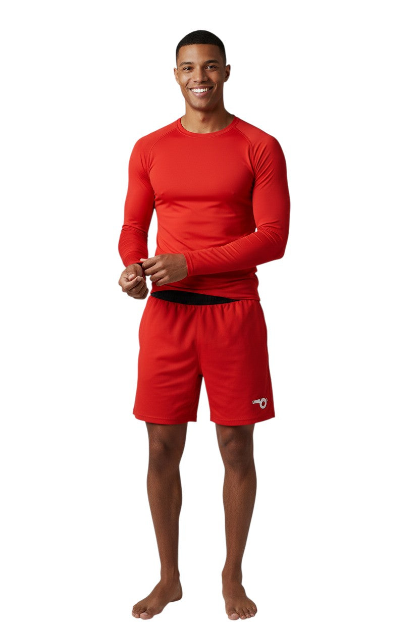 The Lifeguard Store Kiefer Solid Long Sleeve Crewneck Rashguard in red, made of polyester and spandex with UPF50+ UV protection.