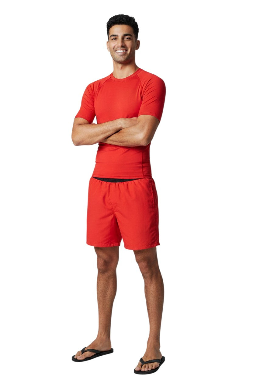 The Lifeguard Store red short sleeve crewneck rashguard with UPF50+ protection and white logo on chest.