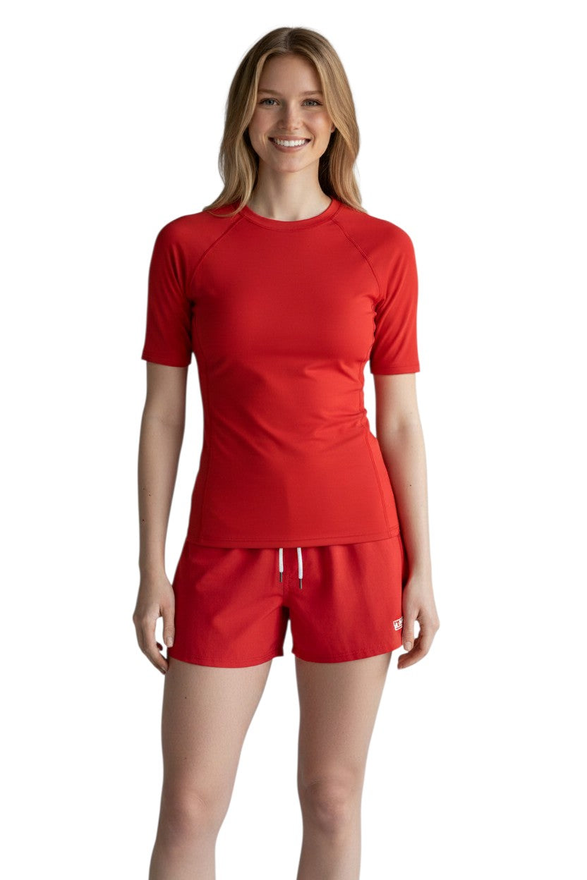 The Lifeguard Store red short sleeve crewneck rashguard made of poly stretch fabric with UPF50+ protection.
