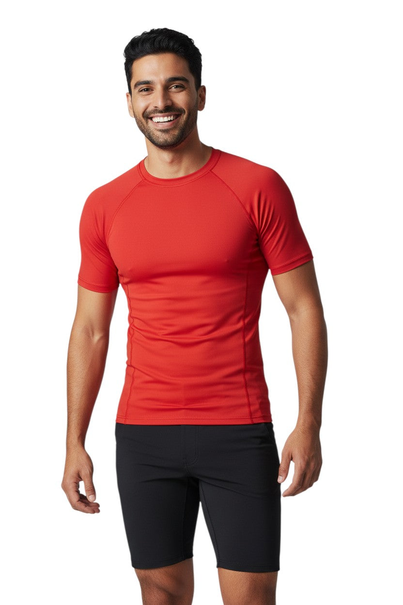 The Lifeguard Store red crewneck rashguard made of poly stretch fabric with UPF50+ UV protection.