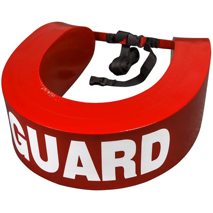 The Lifeguard Store red vinyl rescue tube with white GUARD lettering and black towline.