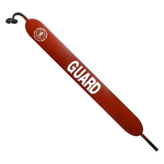 The Lifeguard Store red vinyl rescue tube with white GUARD lettering and a towline.