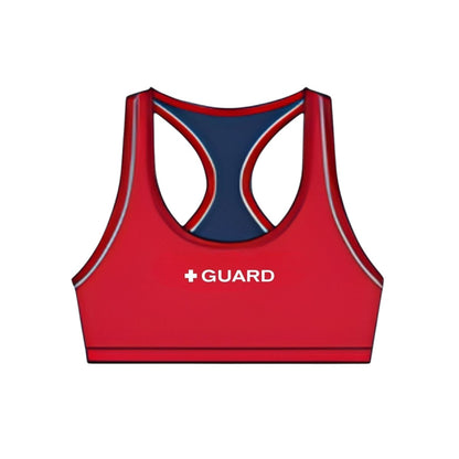 The Lifeguard Store red reversible racer back guard top with navy blue interior and white trim. Features "+ GUARD" text.