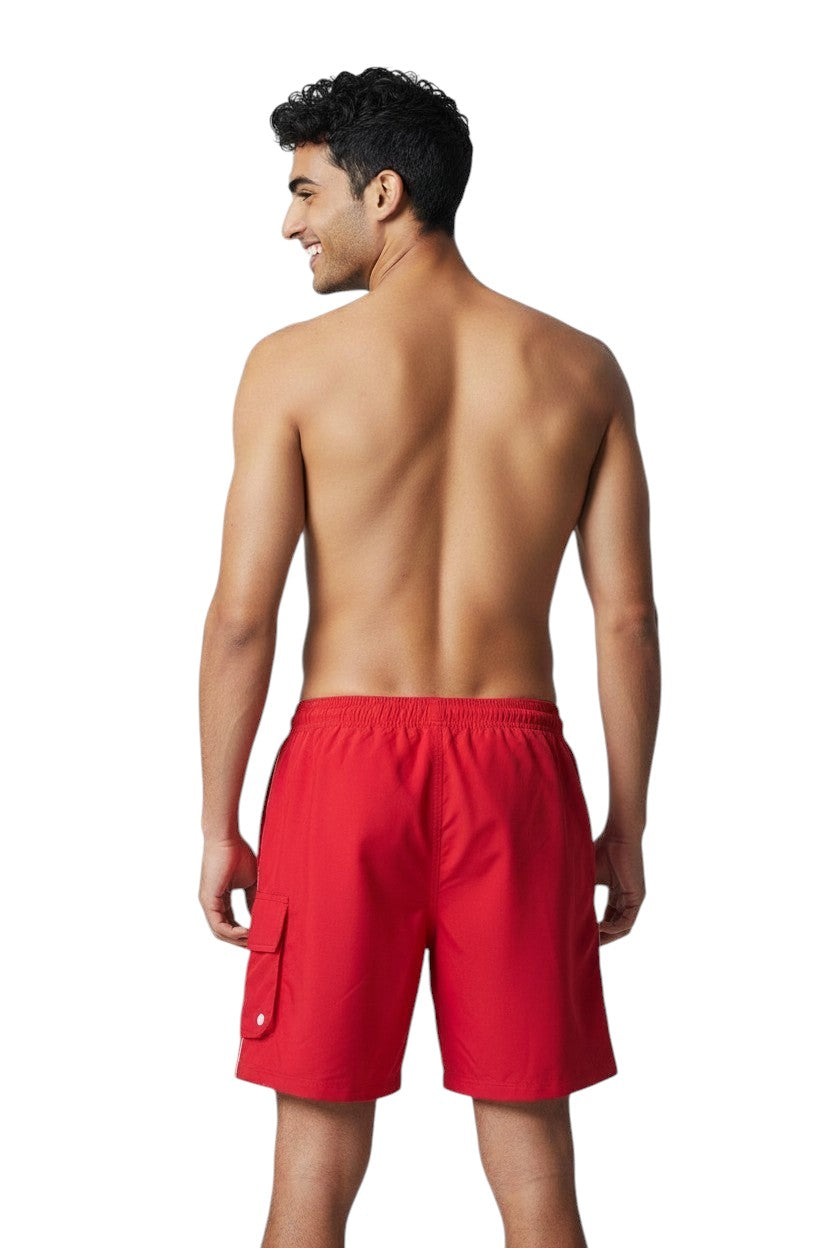 The Lifeguard Store Kiefer Staff Board Short in red polyester with cargo pocket and drawstring. Features quick-dry fabric and UPF30+ protection.