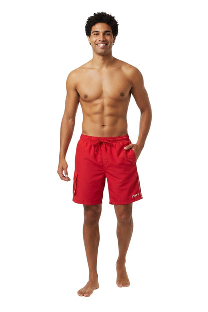 The Lifeguard Store red polyester board shorts with elastic waistband, drawstring, cargo pocket, and STAFF logo.