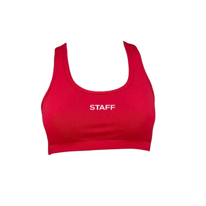 The Lifeguard Store red racer back top with STAFF printed on the chest. Made from poly stretch fabric.
