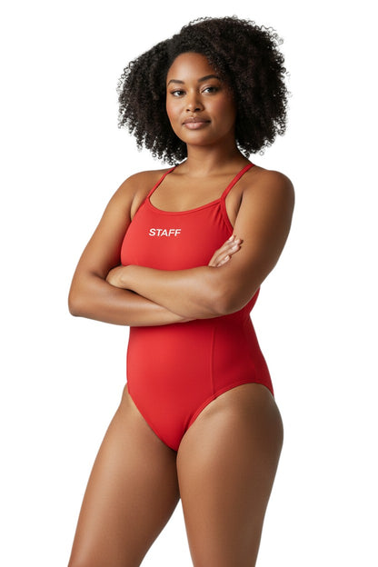 The Lifeguard Store red polyester-spandex H-back swimsuit with STAFF logo