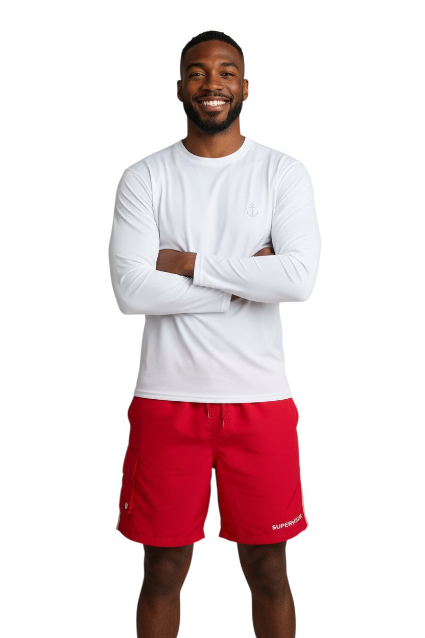 The Lifeguard Store red polyester supervisor board shorts with drawstring, cargo pocket, and UPF30+ protection.