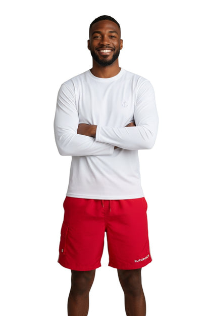 The Lifeguard Store red polyester supervisor board shorts with drawstring, cargo pocket, and UPF30+ protection.