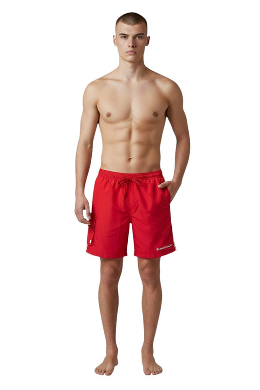 The Lifeguard Store red polyester board shorts with liner, elastic waistband, drawstring, and cargo pocket. Features UPF30+ protection.