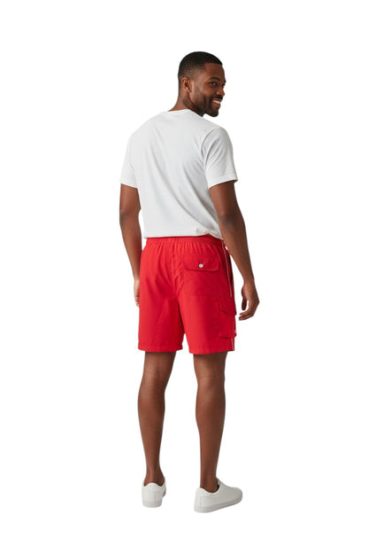The Lifeguard Store red polyester supervisor board shorts with drawstring, cargo pocket, and UPF30+ protection.