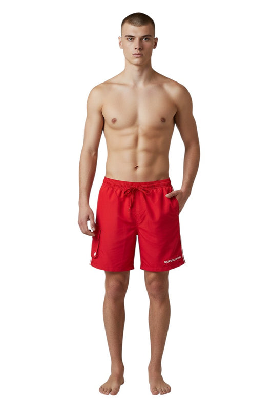 The Lifeguard Store red polyester board shorts with liner, elastic waistband, drawstring, and cargo pocket. Features UPF30+ protection.