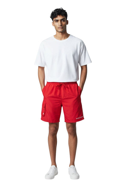 The Lifeguard Store red polyester board shorts with liner, elastic waistband, drawstring, and cargo pocket.