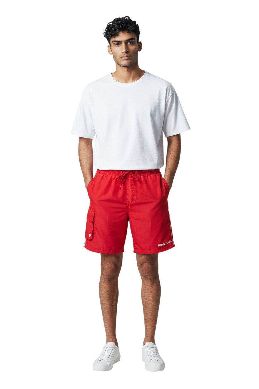 The Lifeguard Store red polyester board shorts with liner, elastic waistband, drawstring, and cargo pocket.