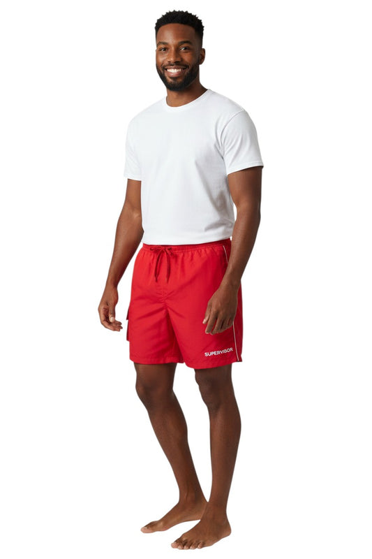 The Lifeguard Store red polyester supervisor board shorts with drawstring, cargo pocket, and UPF30+ protection.