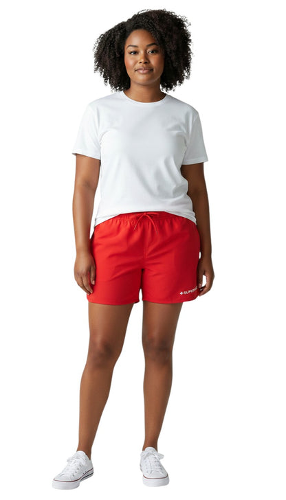 The Lifeguard Store red polyester 5" supervisor shorts with drawstring and side pockets.
