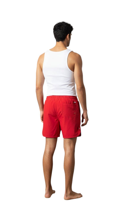 The Lifeguard Store red polyester 5" inseam swim shorts with liner, elastic waistband, and drawstring.