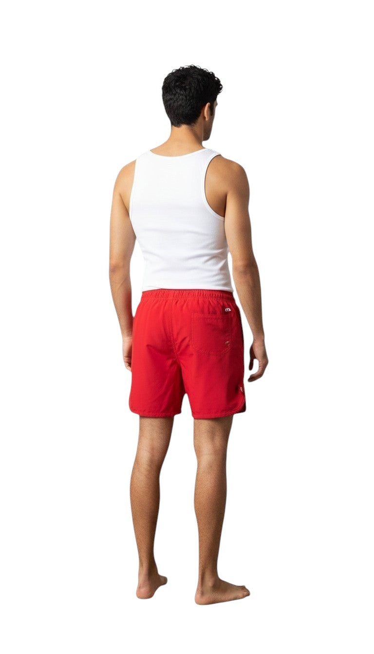 The Lifeguard Store red polyester 5" inseam swim shorts with liner, elastic waistband, and drawstring.