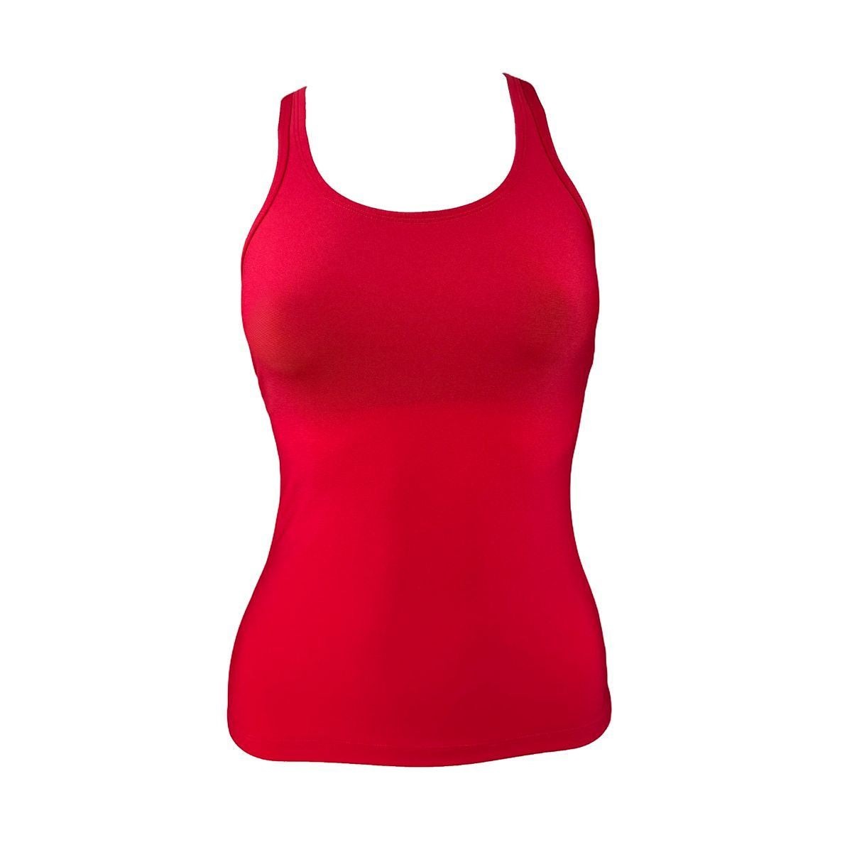 The Lifeguard Store red racer back tankini top made of poly stretch fabric with UPF50+ protection.