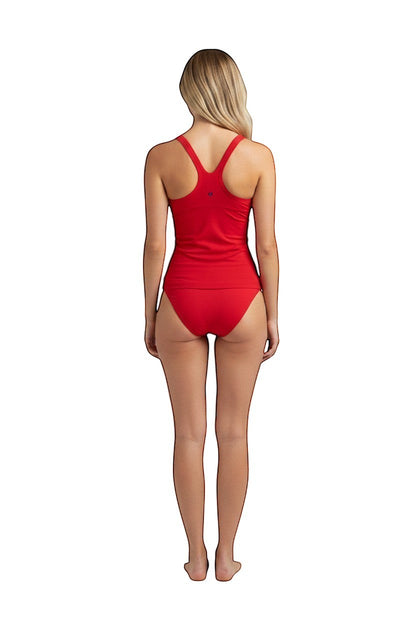 The Lifeguard Store red racer back tankini top made of poly-spandex blend with UPF50+ protection.