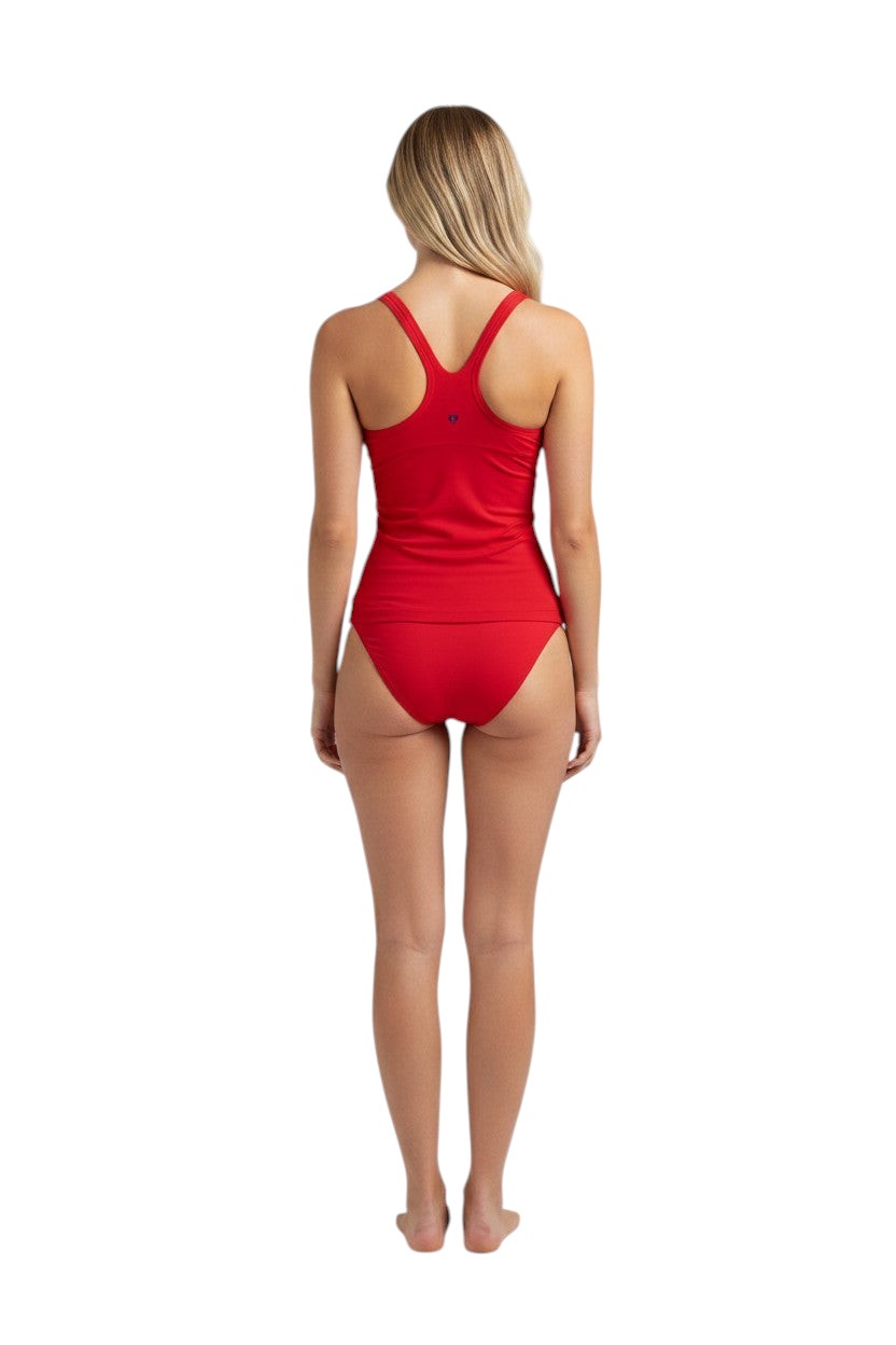 The Lifeguard Store red racer back tankini top made of poly-spandex blend with UPF50+ protection.