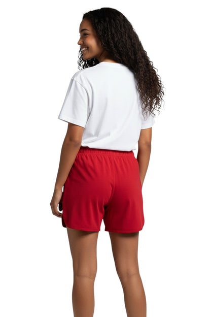 The Lifeguard Store red polyester 5-inch inseam women's athletic shorts with elastic waistband and drawstring.