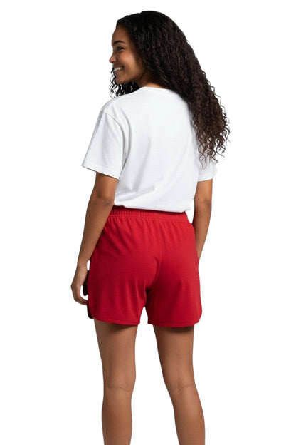 The Lifeguard Store red polyester 5-inch inseam women's athletic shorts with elastic waistband and drawstring.