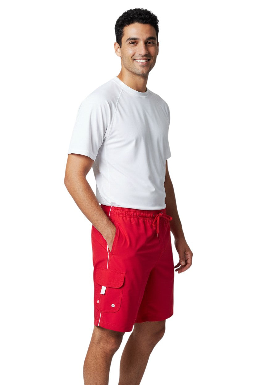 The Lifeguard Store red polyester YMCA board shorts with white trim, elastic waistband, drawstring, and velcro pocket. 7" inseam.