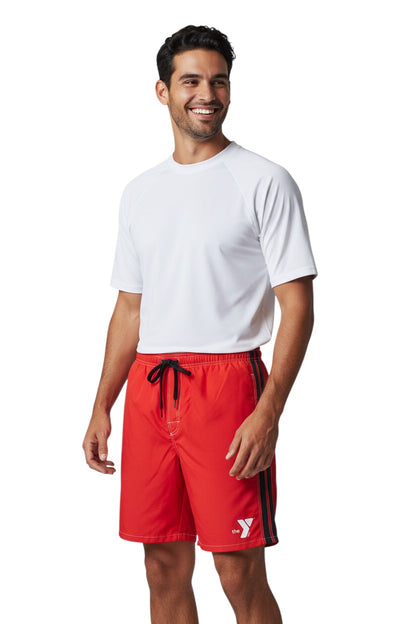 The Lifeguard Store red polyester YMCA board shorts with black side stripe and white drawstring.