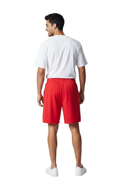 The Lifeguard Store red YMCA board shorts with elastic waistband and drawstring, 7" inseam, made of sanded polyester.