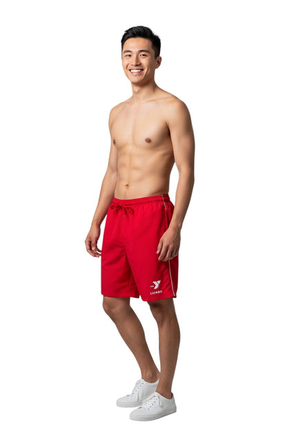 The Lifeguard Store red YMCA Guard boardshorts with white trim and drawstring. 100% polyester, 7" inseam.