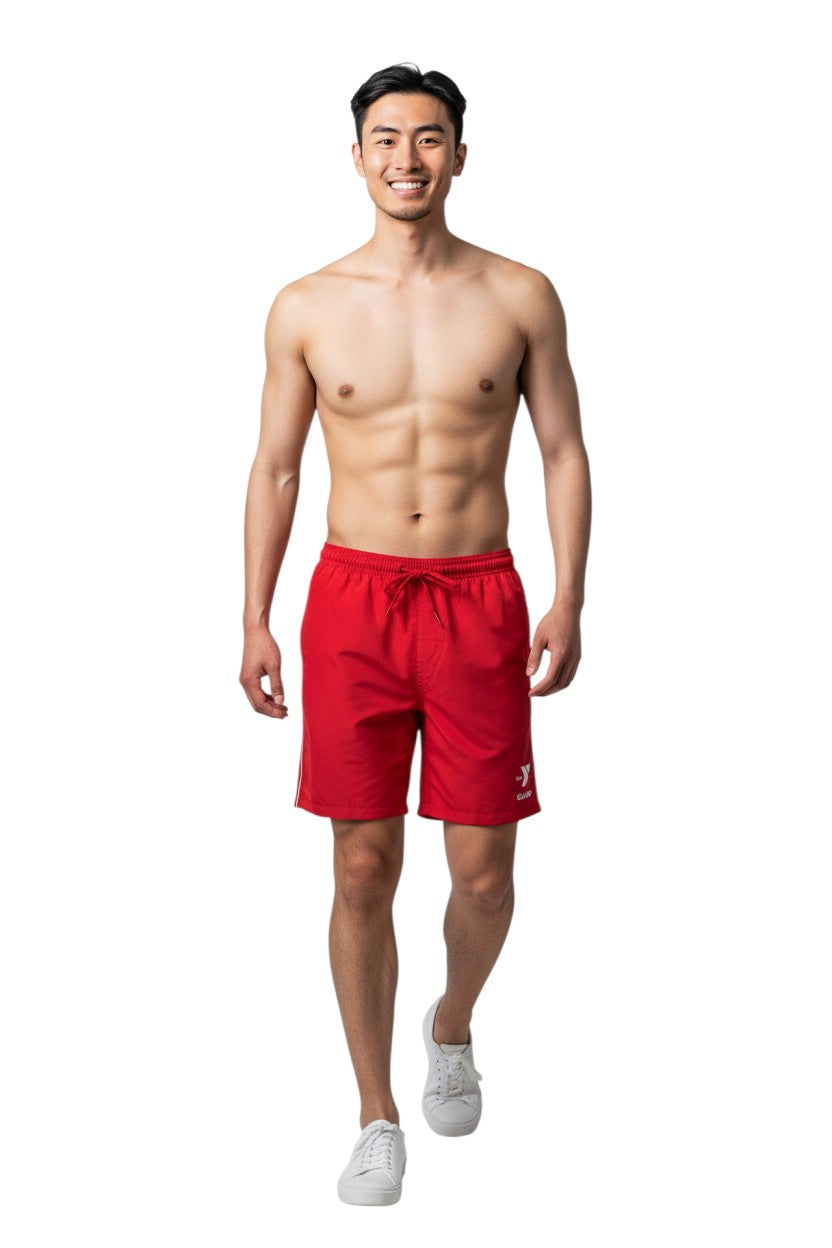 The Lifeguard Store red YMCA Guard board shorts with elastic waistband, drawstring, and velcro pocket. 7" inseam.